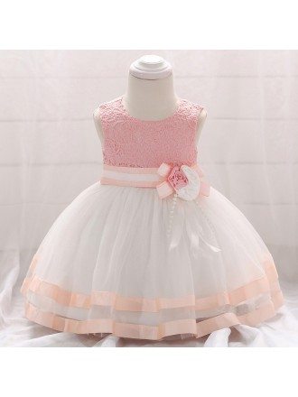 Pink Satin Trim Ballgown Baby Girl Dress With Lace