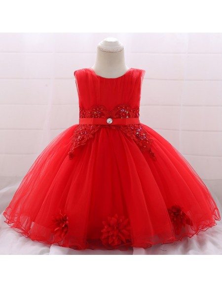 Red Beaded Baby Girl Holiday Dress Tulle Dress For One Year Old