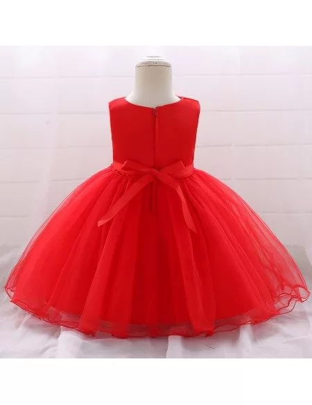 Red Beaded Baby Girl Holiday Dress Tulle Dress For One Year Old