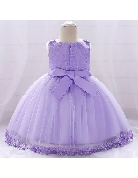 Light Purple Baby Girl Party Dress With Lace Trim For 12-24 Months