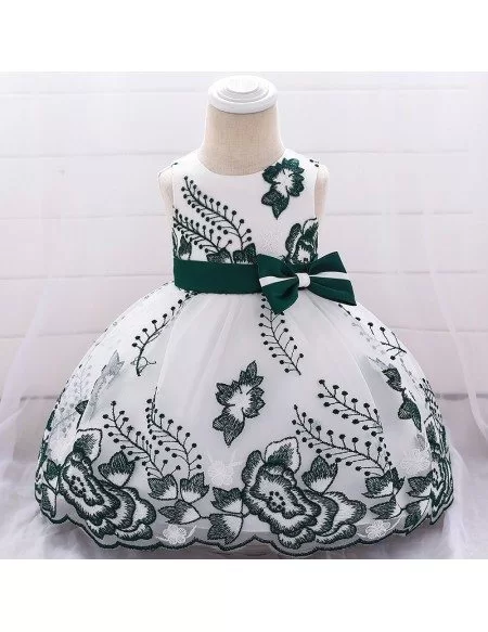 Dark Green Embroidery Baby Party Dress With Bow For 3-6-9 Months