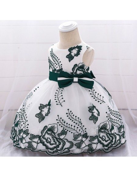 Dark Green Embroidery Baby Party Dress With Bow For 3-6-9 Months