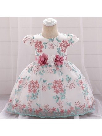 Embroidery Flowers Baby Girl Easter Party Dresses With Sleeves For 6-12 Months