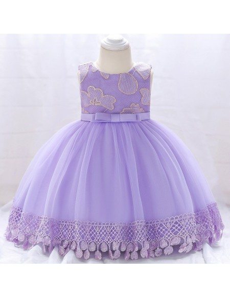 Purple Baby Girl Tulle Lace Party Dresses With Lace Trim For One Year Old