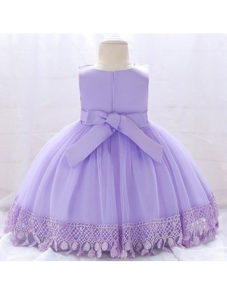 Purple Baby Girl Tulle Lace Party Dresses With Lace Trim For One Year Old
