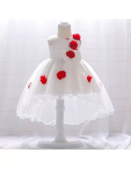 White With Red Flowers High Low Baby Dress For One Two Years Old
