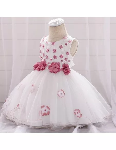 White With Red Flowers Baby Flower Girl Dress For 6-12 Months
