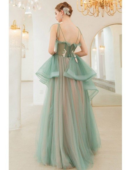 Dreamy Romantic Green Ruffles Long Prom Pageant Gown With Flowers Straps