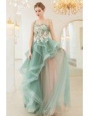 Dreamy Romantic Green Ruffles Long Prom Pageant Gown With Flowers Straps