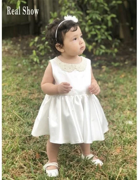 Designer Baby Collar Ivory Flower Girl Dress With Pearls Big Bow In Back