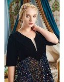 Plus Size Bling Black Sequin Modest Party Dress with Half Sleeves