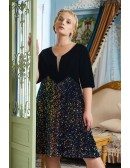 Plus Size Bling Black Sequin Modest Party Dress with Half Sleeves