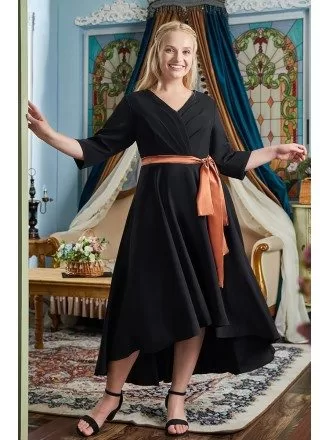 Elegant High Low Black Party Dress Plus Size with Sleeves Sash