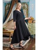 Elegant High Low Black Party Dress Plus Size with Sleeves Sash
