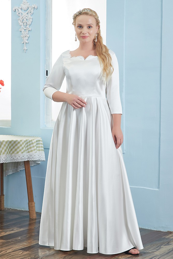 Simple Elegant Satin 3/4 Sleeved Plus Size Wedding Reception Dress High ...