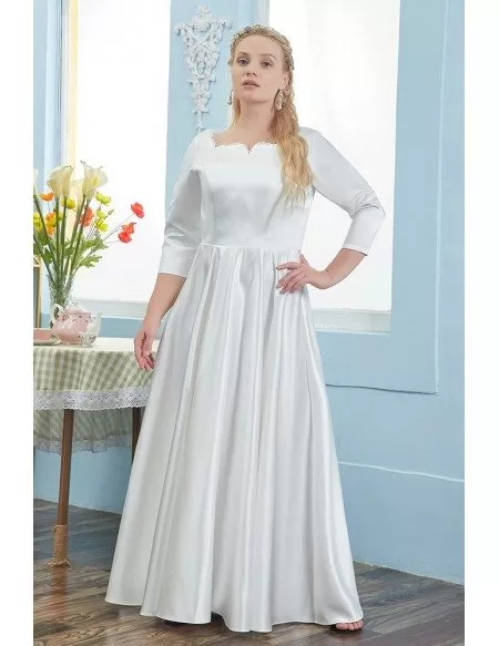 Simple Elegant Satin 3/4 Sleeved Plus Size Wedding Reception Dress High Quality