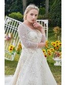 Luxury Beaded Sequined Ballgown Wedding Dress Illusion Neckline with Long Train
