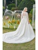 Luxury Beaded Sequined Ballgown Wedding Dress Illusion Neckline with Long Train