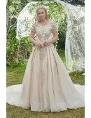 High-end Champagne Embroidered Off Shoulder Plus Size Wedding Dress Ballgown with Train
