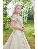 High-end Champagne Embroidered Off Shoulder Plus Size Wedding Dress Ballgown with Train