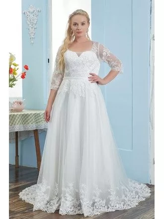 Square Neck Modest Plus Size Wedding Dress Sheer Sleeves with Lace Trim