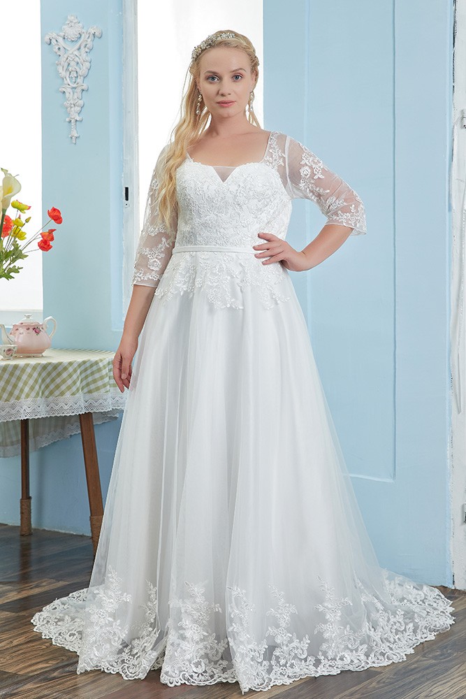Square Neck Modest Plus Size Wedding Dress Sheer Sleeves with Lace Trim ...