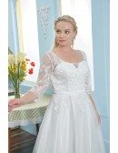 Square Neck Modest Plus Size Wedding Dress Sheer Sleeves with Lace Trim