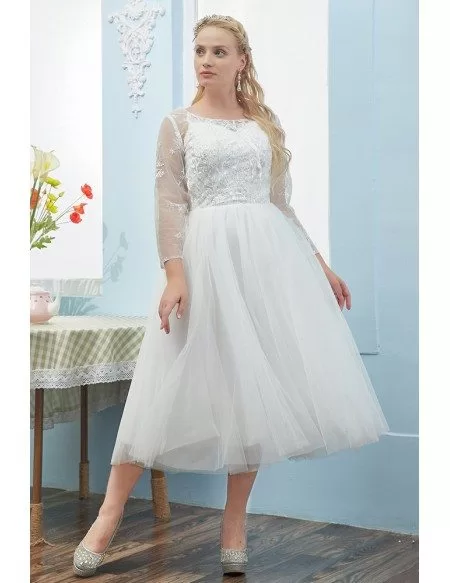 Elegant Plus Size Tulle Tea Length Wedding Dress with Lace Sheer Sleeves