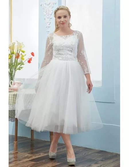 Elegant Plus Size Tulle Tea Length Wedding Dress with Lace Sheer ...