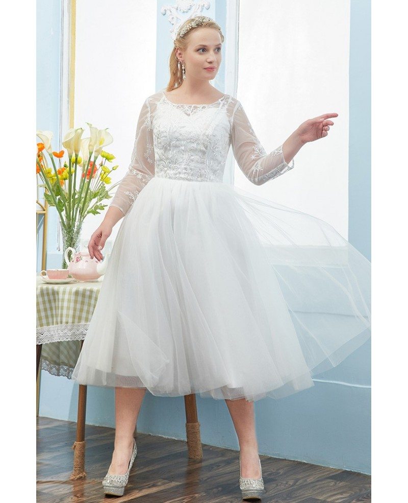 Elegant Plus Size Tulle Tea Length Wedding Dress With Lace Sheer Sleeves S69018 GemGrace