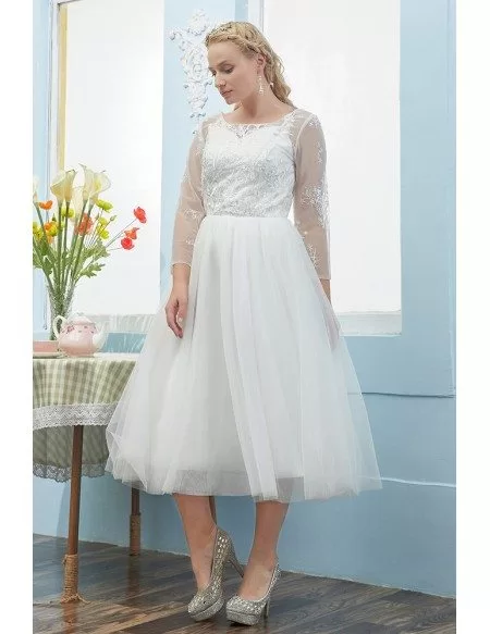Elegant Plus Size Tulle Tea Length Wedding Dress with Lace Sheer Sleeves