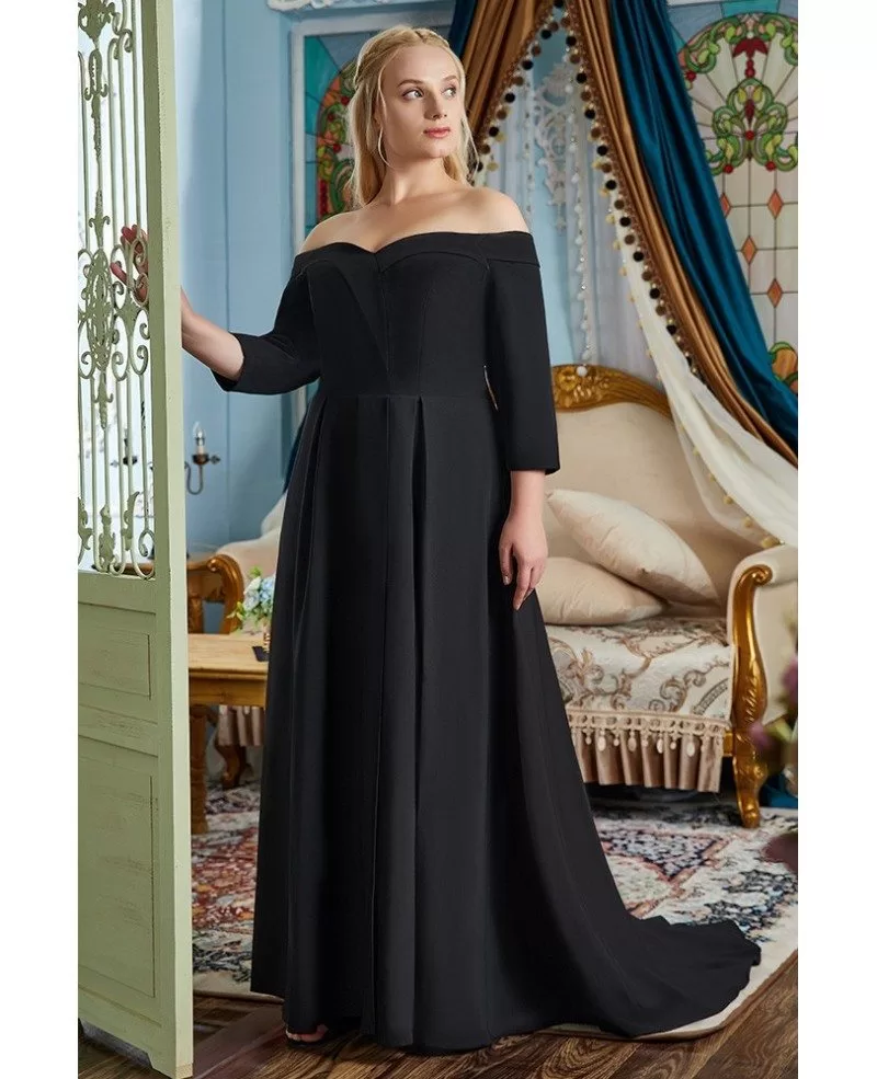 Off Shoulder Formal Black Evening Dress Plus with 3/4 Sleeves - GemGrace.com