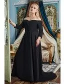 Off Shoulder Formal Long Black Evening Dress Plus Size with 3/4 Sleeves
