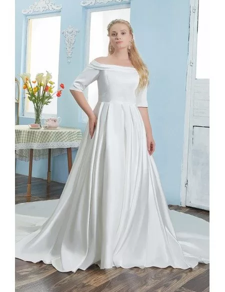 Classy Off Shoulder Satin Plus Size Wedding Dress with Sleeves