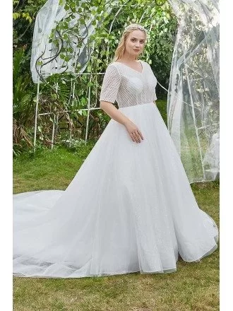 Unique Bling Ballgown Sheer Top Vneck Plus Size Wedding Dress with Short Sleeves
