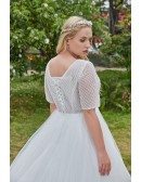 Unique Bling Ballgown Sheer Top Vneck Plus Size Wedding Dress with Short Sleeves