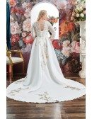 Luxury Embroidered Round Neck Plus Size Wedding Dress with Sheer Sleeves High Quality