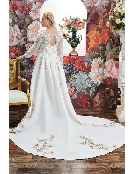 Luxury Embroidered Round Neck Plus Size Wedding Dress with Sheer Sleeves High Quality