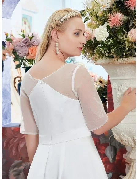 Ivory Satin Simple Wedding Dress Plus Size Modest Sheer Sleeves