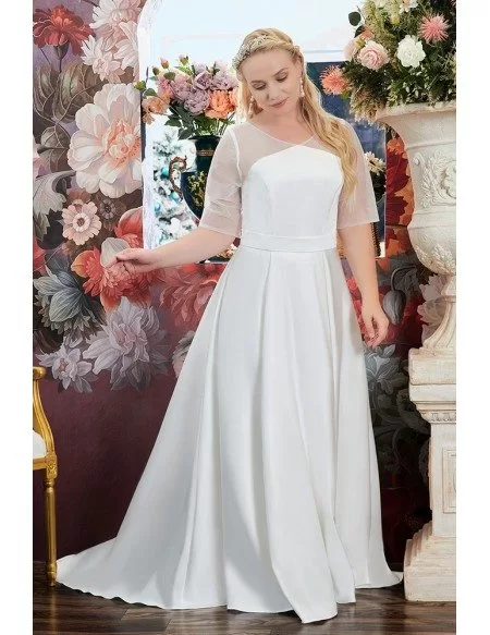 Ivory Satin Simple Wedding Dress Plus Size Modest Sheer Sleeves