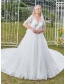 Formal Long Train Ballgown Illusion Sleeved Plus Size Wedding Dress