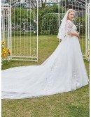 Formal Long Train Ballgown Illusion Sleeved Plus Size Wedding Dress