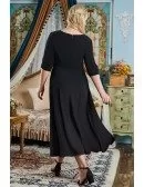 Retro Black Tea Length Semi Party Dress Plus Size Vneck with Half Sleeves
