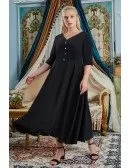 Retro Black Tea Length Semi Party Dress Plus Size Vneck with Half Sleeves