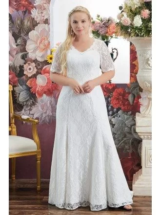 Elegant All Lace Vneck Plus Size Wedding Dress Lace with Sleeves For Curvy Brides