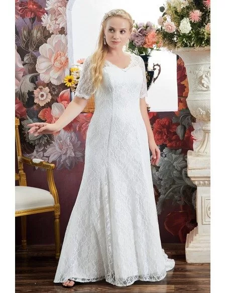 Elegant All Lace Vneck Plus Size Wedding Dress Lace with Sleeves For Curvy Brides