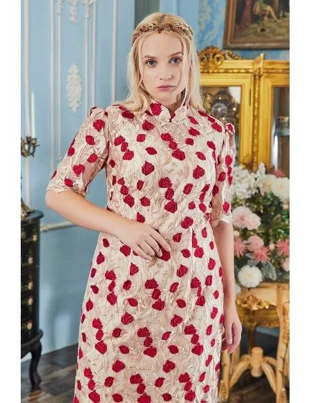 Embroidered Roses Qipao Style Tea Length Party Dress Plus Size with Sleeves