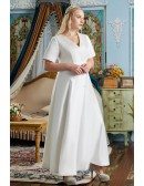 Modest Vneck Simple Satin Wedding Dress Plus Size Beaded with Short Sleeves