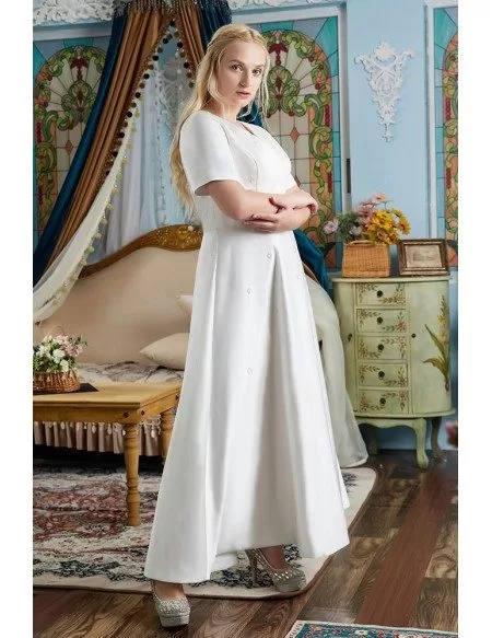 Modest Vneck Simple Satin Wedding Dress Plus Size Beaded with Short Sleeves
