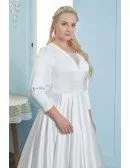 Elegant Satin Plus Size Wedding Dress Modest 3/4 Sleeved Sweep Train